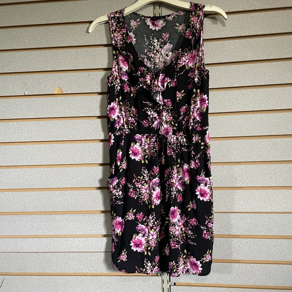 Timing Small Black Floral Tank Dress Ruffle Neck Above‎ Knee Length Pockets